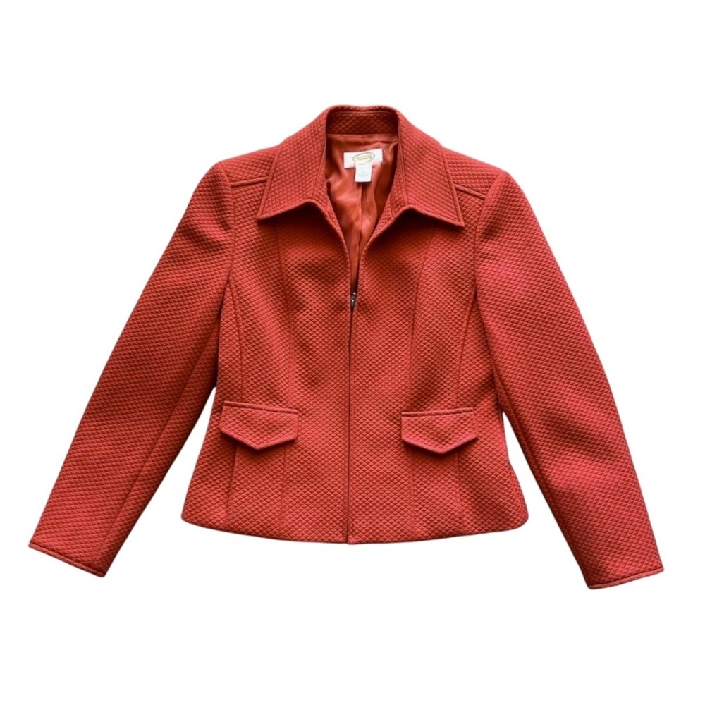 TALBOTS Rust/Orange DIAMOND QUILTED EMBOSSED Blazer Jacket Full Zipper Pockets 8